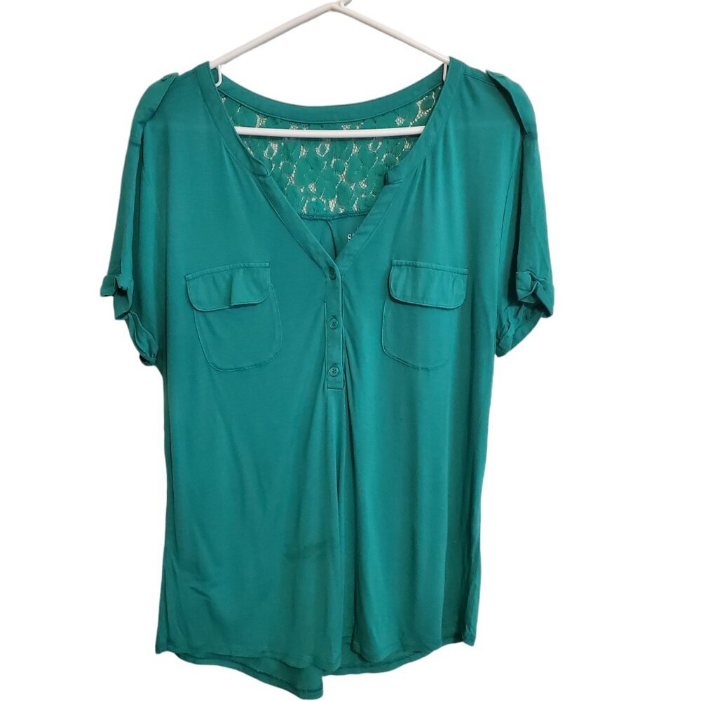 SoHo‎ NYC Jean Emerald Green Back Shoulder Lace Short Sleeve Blouse XL